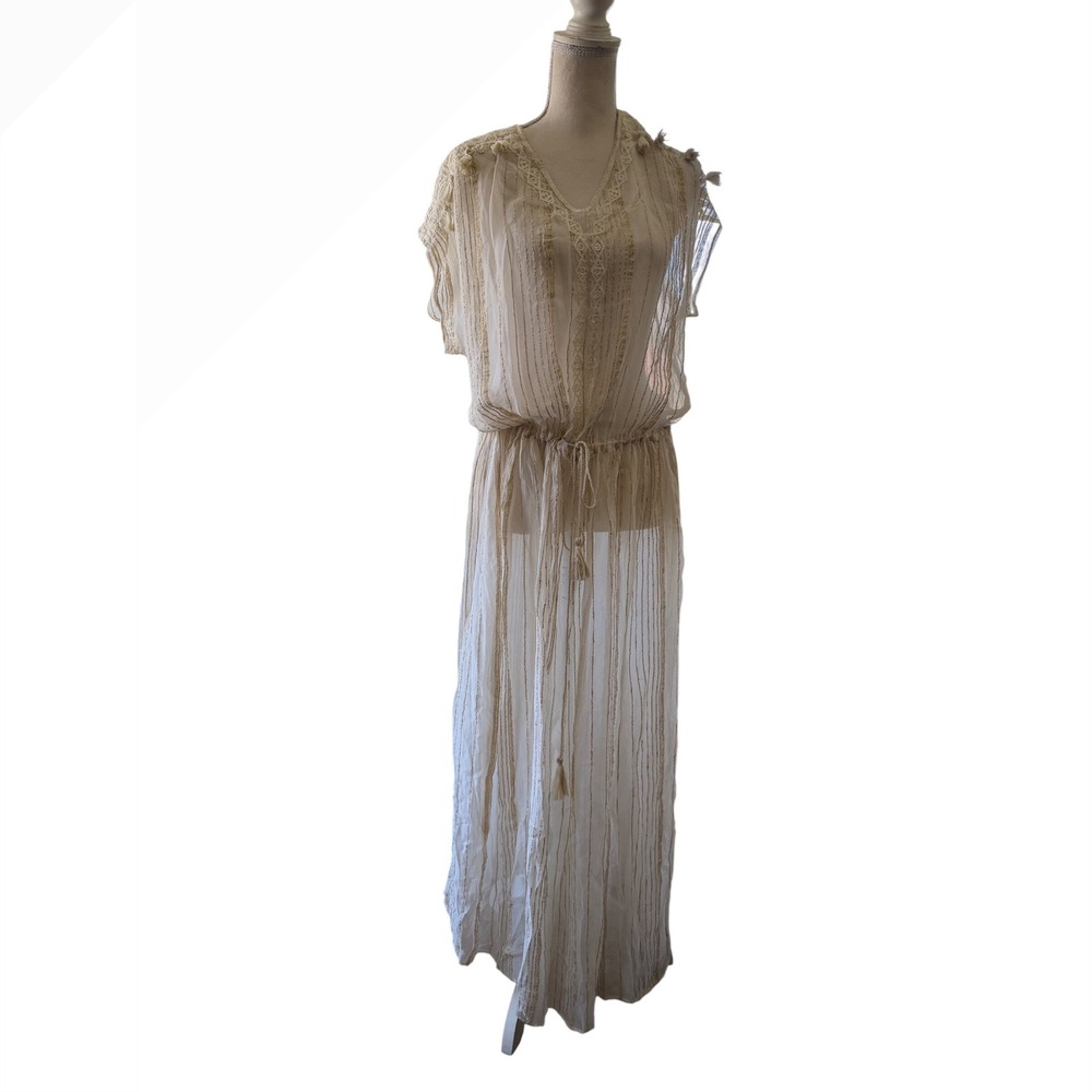 Lisa Robertson Maxi Dress Womens XL Ivory Gold Lurex Stripe Boho Tassel Resort